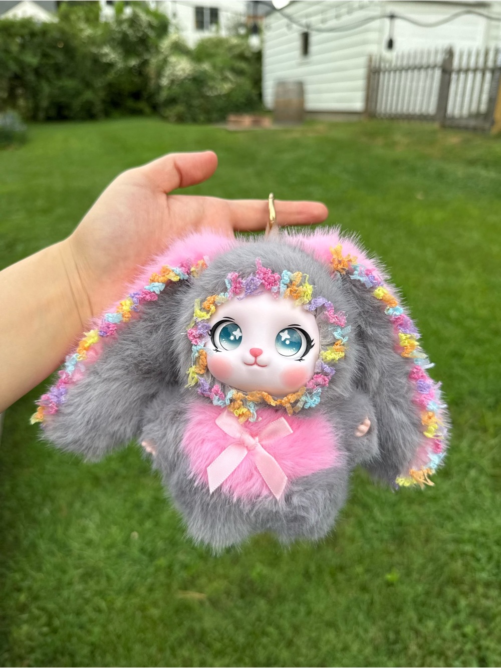 Plush Bunny Keychain-Pink & Gray Cute Small Pet Accessory-Backpack Charm for kid